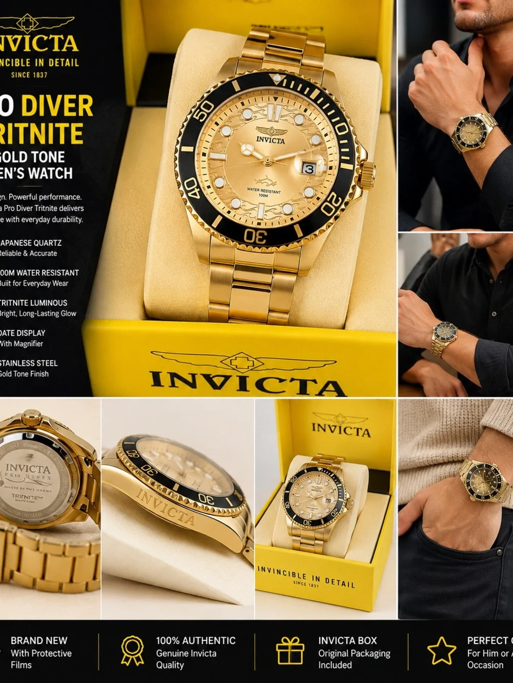 Invicta Gold Tone Diver Watch with Black Bezel